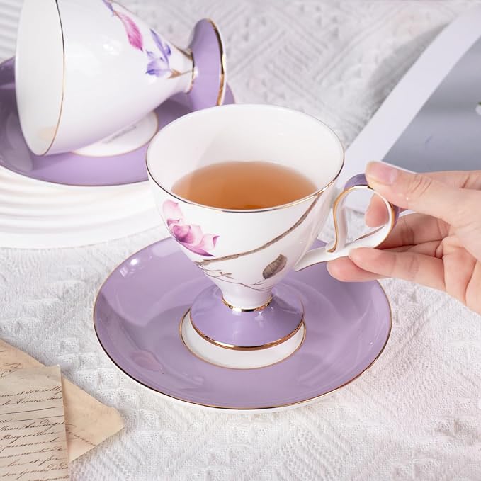KAMMAK Ceramic Coffee Cups Saucers Set of 2, Porcelain Espresso Cups with Saucers, 8.12 oz Handcrafted Elegant Bone China Tea Cups, Purple Hibiscus & Iris Flower Pattern Teacup for Party, Office, Gift