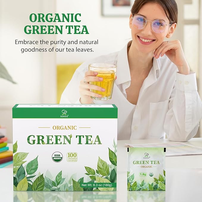 Soeos Organic Green Tea, 100 Tea Bags (Pack of 1), Caffeinated, Low Caffeine, Fresh and Healthy Green Tea, 6.3 Ounce