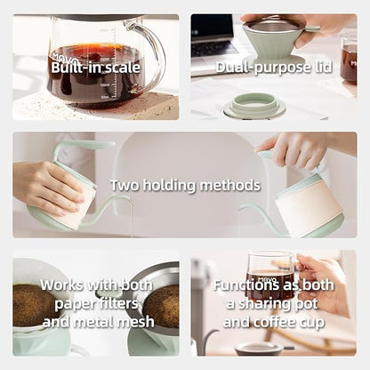 Pour Over Coffee Maker Set, Pour Over Kettle, Coffee Dripper, Glass Coffee Server with Scale, Stainless Steel Filter (Orange)