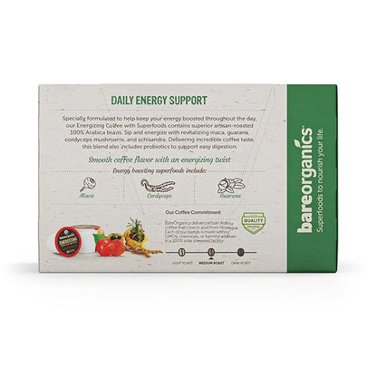 BareOrganics Energy Medium Roast Coffee, Organic, 10 K-Cup Pods, Superfoods & Probiotics Infused, Vegan, Gluten Free, 10 Single Serve Cups