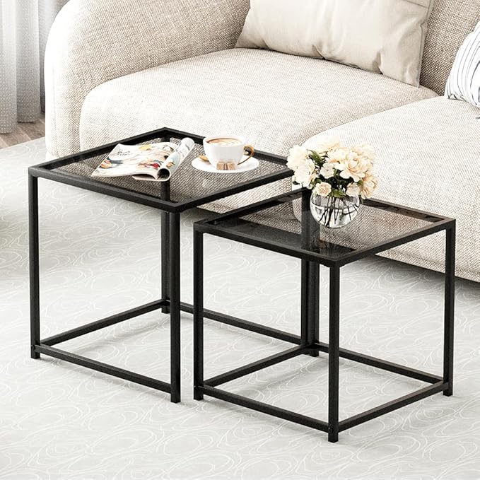 VILAWLENCE Coffee Table Set of 2, Modern Grey Patterned Glass Side Table, Metal Frame Square End Table, Center Tables Nesting Coffee Table for Living Room,Bedroom and Small Spaces