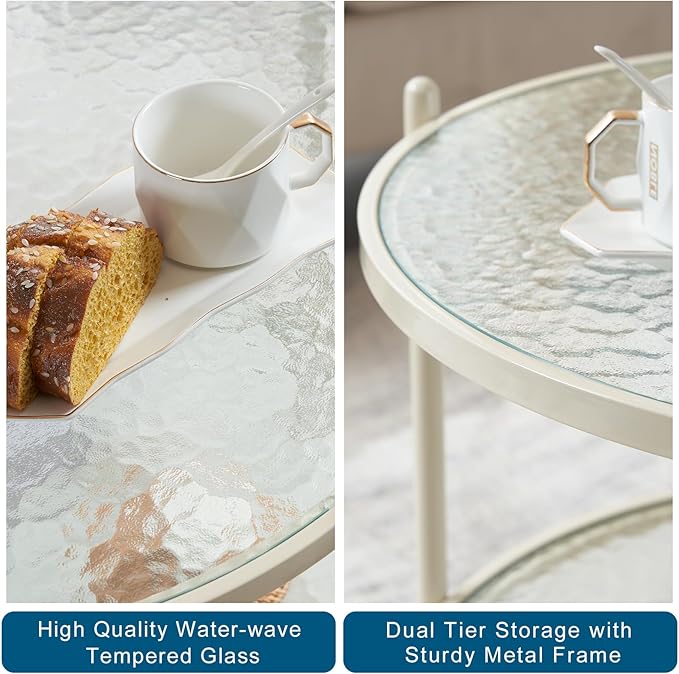 VINGLI 25.6" Small Cream White Round Coffee Table Water-Wave Glass Circle Clear Coffee Table, Center Table with 2-Tier Modern Storage Design for Living Room, Bedroom, Meeting Room, Balcony, Beige