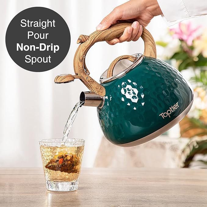 Tea Kettle, Toptier Teapot Whistling Kettle with Wood Pattern Handle Loud Whistle, Food Grade Stainless Steel Tea Pot for Stovetops Induction Diamond Design Water Kettle, 2.7-Quart Dark Green