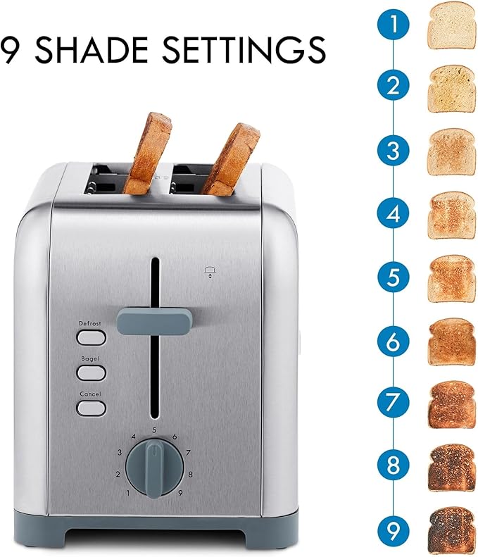 Kenmore toaster 2 slice - extra wide slot countertop kitchen appliance, defrost function, tostador de pan, 9 shade settings, compact design, easy clean crumb tray, bread bagel, stainless steel