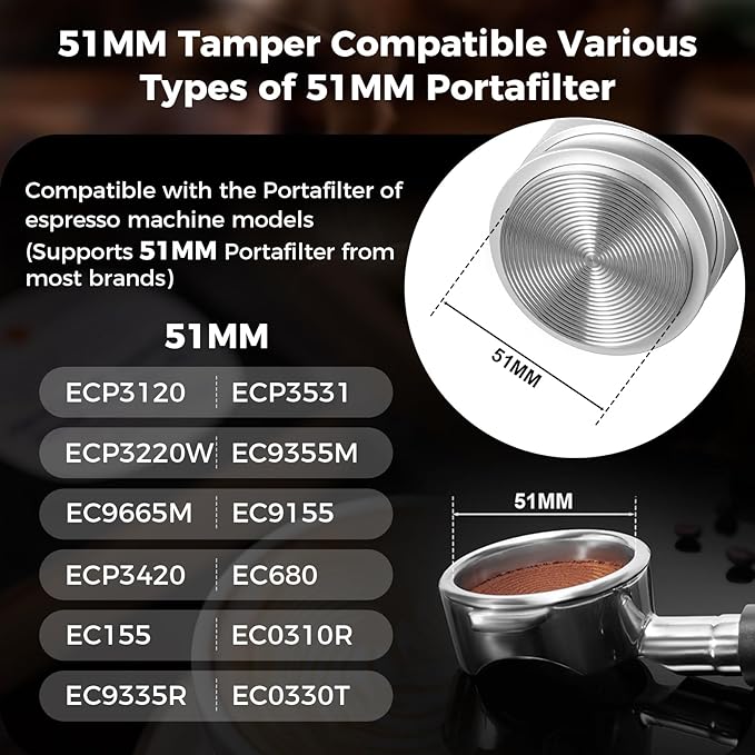 IKAPE Coffee Products, 51MM Espresso Tamper, Premium Barista Coffee Calibrated Tamper with Spring Loaded, 100% Stainless Steel Tamper Compatible with All 51MM Bottomless Portafilter (Silver)