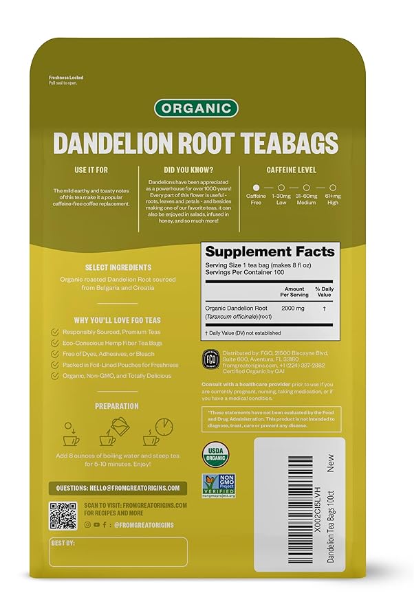 FGO Organic Roasted Dandelion Root Tea, 100 Count, Eco-Conscious Tea Bags, Resealable Bag, Caffeine Free, Packaging May Vary (Pack of 1)