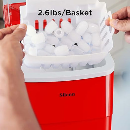 Silonn Ice Makers Countertop, Self-Cleaning Ice Machine 9 Cubes Ready in 6 Mins, 2 Sizes of Bullet Ice for Home Kitchen Office Bar Party, Red