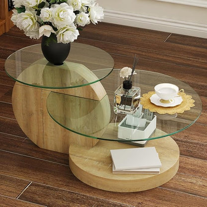 35 Inch Glass Coffee Table，Round Coffee Table with 2-Tier Tempered Glass Tabletop，Easy to Clean Circle Coffee Table with Sturdy Base for Living Room，Office (Natural Wood-Colored Base)