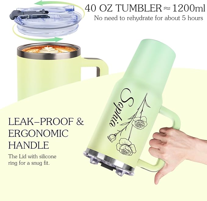 Personalized 40oz Tumbler with Handle and Straw, Custom Tumbler with Names & Birth Month Flower, Stainless Steel Travel Coffee Mug, Personalized Birthday Gifts For Women