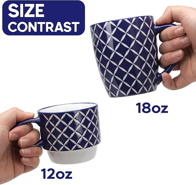 Schliersee 18 OZ Large Coffee Mugs Set of 6, Ceramic Mug for Man Woman, Blue White Geometric Floral Porcelain Cup for Latte, Hot Tea, Cappuccino, Mocha, Cocoa, Housewarming Wedding Mug Present