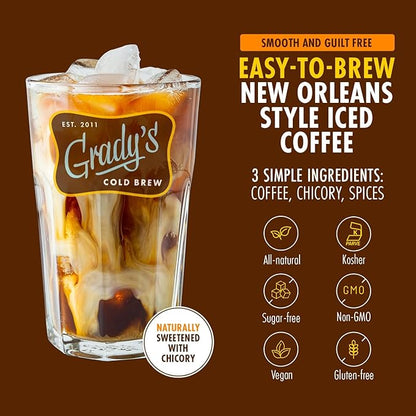 GRADY’S COLD BREW, New Orleans Style, 100% Arabica Ground Coffee & Chicory Pouches, 12 Bundles of 4 Easy-to-Brew Bean Bags, Makes 144 drinks
