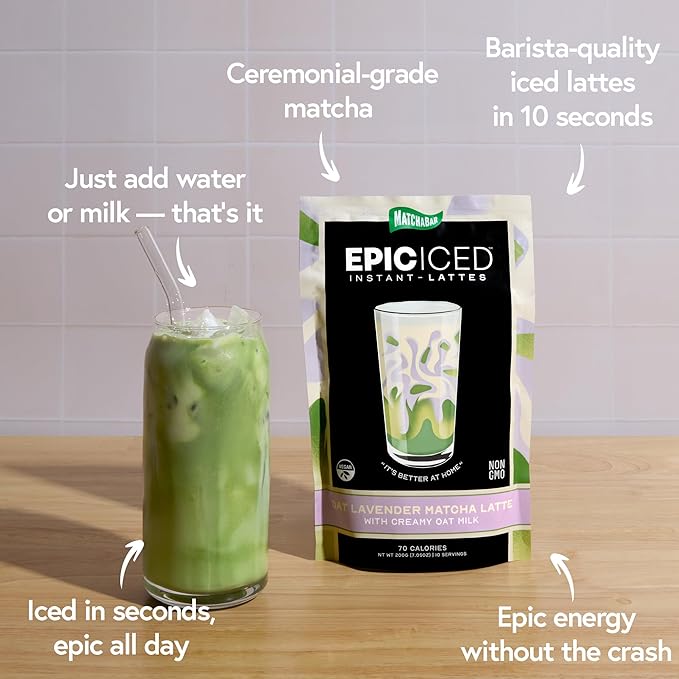 Matchabar Epic Iced Instant Latte Powder | Lavender Oat Matcha w/Oat Milk Base | Low Sugar, Non-Diary & Vegan Instant Iced Matcha Powder | Barista-Quality Creamy Latte Mix | 10 Servings