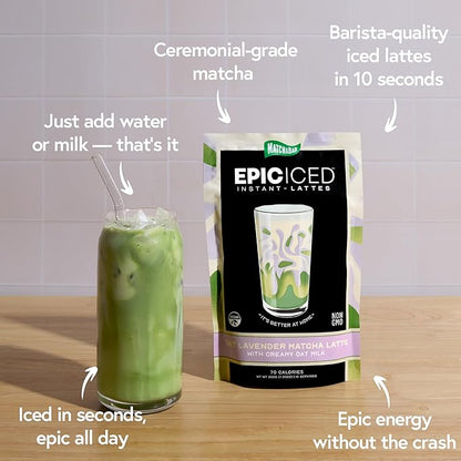 Matchabar Epic Iced Instant Latte Powder | Lavender Oat Matcha w/Oat Milk Base | Low Sugar, Non-Diary & Vegan Instant Iced Matcha Powder | Barista-Quality Creamy Latte Mix | 10 Servings