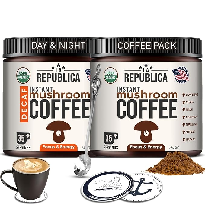 La Republica Organic Instant Mushroom Coffee (2.5oz) + Decaf (2.5oz) - 70 Servings with Coasters & Mixing Spoon - 100% Arabica with Lion's Mane, Reishi, Chaga, Cordyceps, Shiitake, Maitake, Turkey Tail