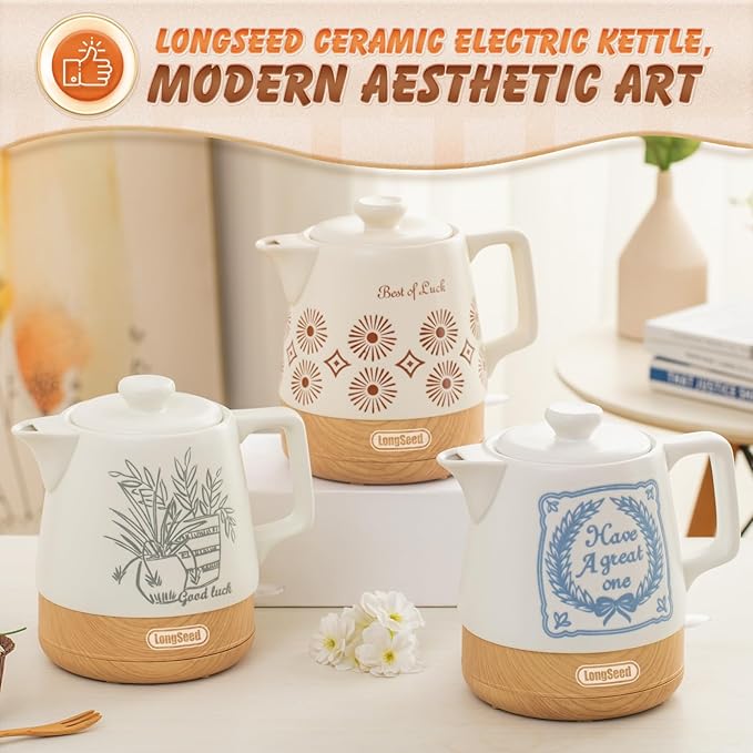 Ceramic Electric Kettle Pot 1.1 Quart, Boiling Water boiler, Teapot Automatic Shut-Off, BPA-Free, Rapid Boil For Coffee & Tea, Boil-Dry Protection, 1000W