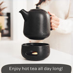Load image into Gallery viewer, Steinzeit Design Tea Pot with Warmer (44 oz) - Premium Ceramic Teapot with Infuser for Loose Tea - Black Teapot Ceramic with Removable Steamer