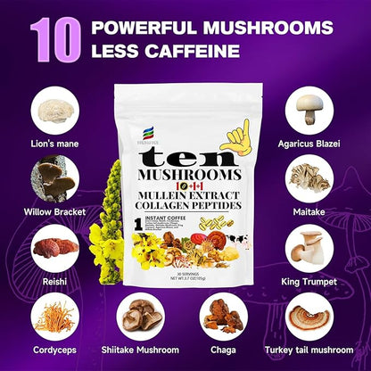 SUNDAFONE Mushroom Coffee with Grass-Fed Collagen, Mullein,Lion's Mane, Reishi and 10 Adaptogenic Mushrooms; Super Instant Cold Brew Protein Iced Coffee Blend; 0g of Sugar, Low Caffeine, 30 Servings