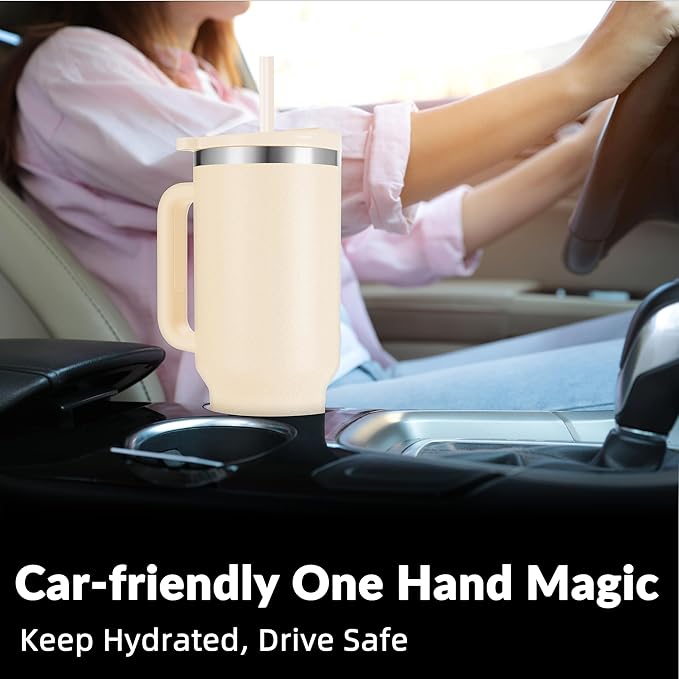 WETOWETO 40oz Tumbler with Handle | Insulated Stainless Steel Travel Mug | 34Hrs Cold & 10Hrs Hot Retention | 100% Leakproof Lid & Straw | Dishwasher Safe + Car Cup Holder Fit (Cream Color)