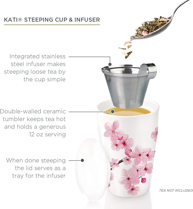 Tea Forte Hanami Double-Walled Ceramic Kati Cup with Removable Stainless Steel Infuser Basket and Lid, Steeps 12 oz Loose Leaf Tea, Lid and Cup Dishwasher & Microwave Safe