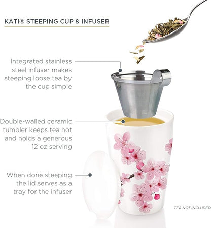 Tea Forte Hanami Double-Walled Ceramic Kati Cup with Removable Stainless Steel Infuser Basket and Lid, Steeps 12 oz Loose Leaf Tea, Lid and Cup Dishwasher & Microwave Safe