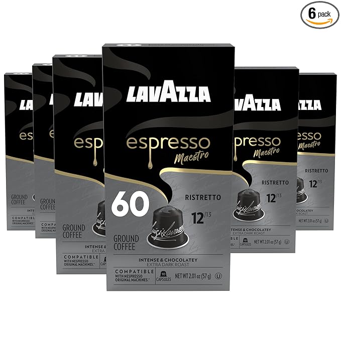 Lavazza Espresso Maestro Ristretto Aluminum Capsules Compatible with Nespresso* Original Machines, Dark Espresso Roast, Arabica and Robusta Blend (60 Capsules)