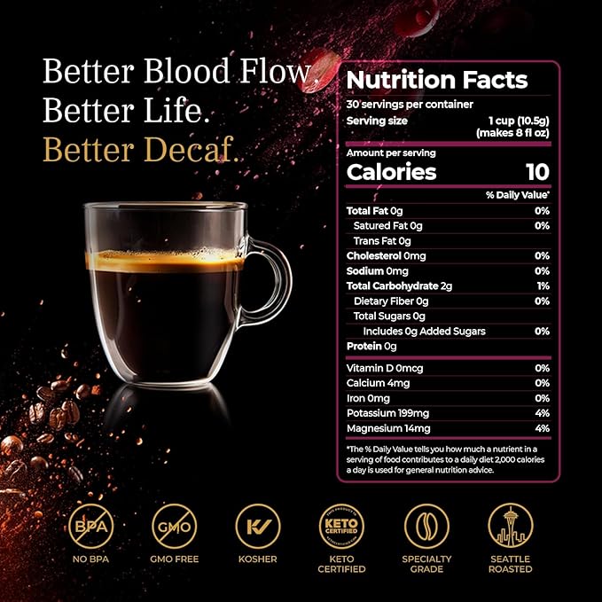 VINIA Blood Flow DECAF Coffee - Medium Roast Superfood Coffee Pods, Swiss Water Process Powered by Red Grape Piceid Resveratrol Boost Energy Compatible with K Cup Coffee Pods Machines, Caffeine Free, 30 Ct