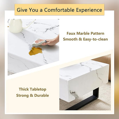 47.2" Marble-Patterned Rectangle Coffee Table MDF Desktop with Metal Legs for Living Room Dining Room Office, White and Black