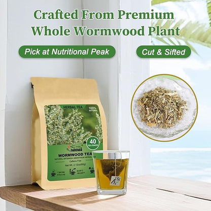 Fullchea - Wormwood Tea Bags, 40 Teabags - Bitter Herbal Tea - Pure Wormwood - Non-GMO - Caffeine-Free - Support Digestion & Well-being