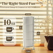 10 Ounce White Porcelain Stackable Cappuccino Cups with Stainless Steel Holder, Set of 4, Durable Ceramic, Perfect for Home, Office, or Gift