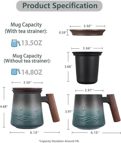 ZENS Embossed Ceramic Tea Mug with Infuser and Lid, 14.5 oz Wooden Handle, Loose Leaf Tea Steeper Cup & Strainer for Tea Lovers Gifts