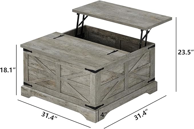 Furnideco Farmhouse Lift Top Coffee Table, Square Wood Center Table with Large Hidden Storage Compartment for Living Room, Rustic Modern Table with Hinged Lift Top, Oak Grey