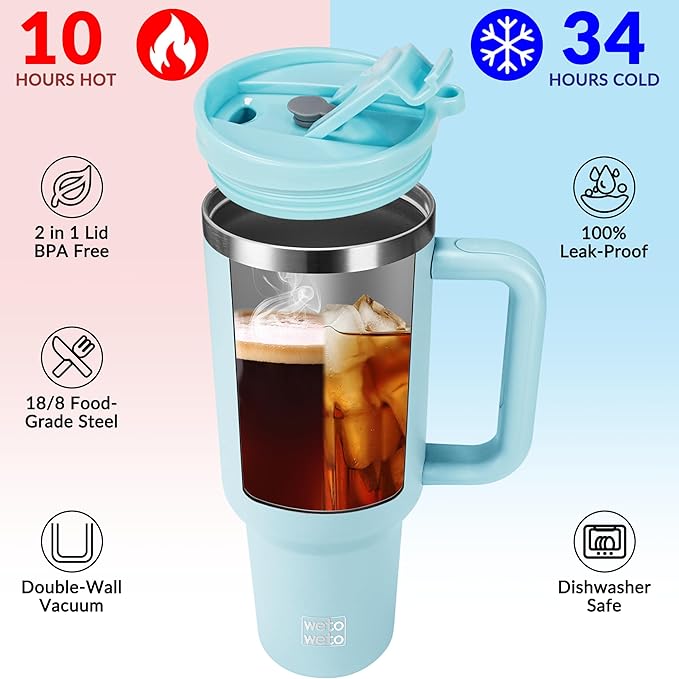 WETOWETO 40oz Tumbler with Handle and Lid | 100% Leakproof Insulated Stainless Steel Travel Mug | Keeps Cold 34Hrs/Hot 10Hrs | Dishwasher Safe, Fits Car Cup Holder (Sky Blue Color)