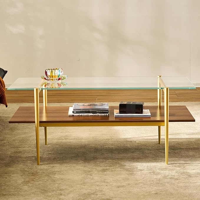 AGV LIGHTING Tadio Glass Coffee Table, Mid-Century Modern Coffee Table for Living Room, Gold Finish Leg, Clear Glass Top & Walnut Brown Wood Shelf, 41 in Length