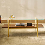 Load image into Gallery viewer, AGV LIGHTING Tadio Glass Coffee Table, Mid-Century Modern Coffee Table for Living Room, Gold Finish Leg, Clear Glass Top &amp; Walnut Brown Wood Shelf, 41 in Length