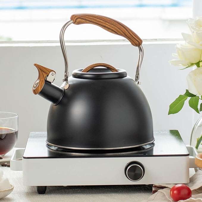 3.2 Quart Whistling Tea Kettle for Stove Top Stainless Steel Tea Pots With Wood Pattern Anti-slip Handle, Black…