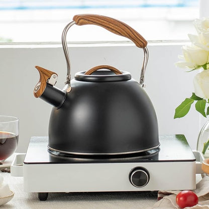 3.2 Quart Whistling Tea Kettle for Stove Top Stainless Steel Tea Pots With Wood Pattern Anti-slip Handle, Black…