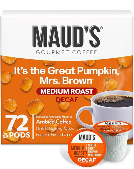 Maud's Decaf Pumpkin Spice Flavored Coffee Pods, 72 ct, Medium Roast Flavored Coffee in Recyclable Single Serve Pods – 100% Arabica Beans, Compatible with Keurig K Cups Maker