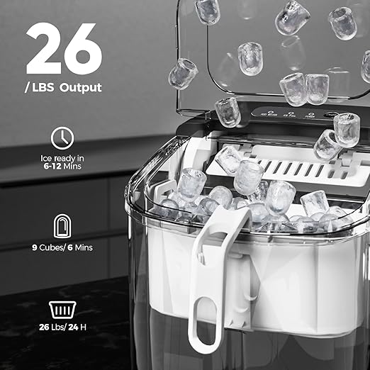 Crzoe Countertop Ice Maker Machine with Handle,26Lbs/24H,9 Cubes Ready in 6 Mins,Self-Cleaning Function with Ice Scoop and Basket for Home/Office(Deeply Black)