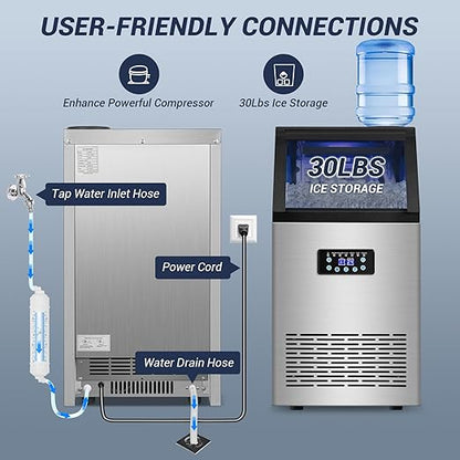 【120LBS/24H + 40 Cubes/12-18 Mins】 15" Commercial Ice Maker - 30LBS Storage, Self-Cleaning Under Counter & Freestanding Ice Machine for Home/Bar/Outdoor