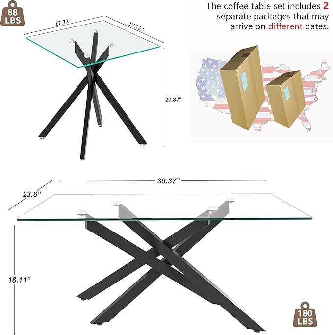 Black Glass Coffee Table Set of 3 Modern End Table Living Room Side Table, Geometric Metal Legs 39.4 Inch Clear Rectangle Center Cocktail Tables, Black