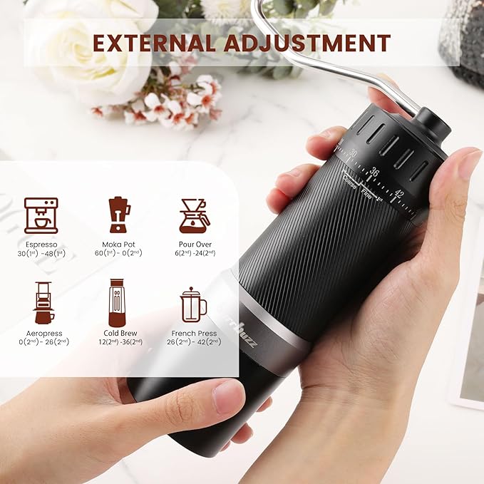 MB2 Manual Coffee Grinder with Carrying Case, External Adjustment, 35g Large Capacity Stainless Steel Burr Grinder, Magnetic Catch Cup, Good for Travel, Camping & Storage components, All-Round Grinder