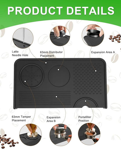 Upgraded Silicone Tamping Mat & Coffee Brush, Durable Tamper Mat Counter Pad, Espresso Machines Acceessories for Home Baristas, Espresso Tamping Station - Black