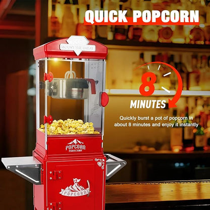 10oz Popcorn Machine with Cart, Wheels & Stainless Steel Kettle, Vintage Movie Theater Style, Popcorn Maker Machine for Parties, Events, Home & Commercial Use, Red