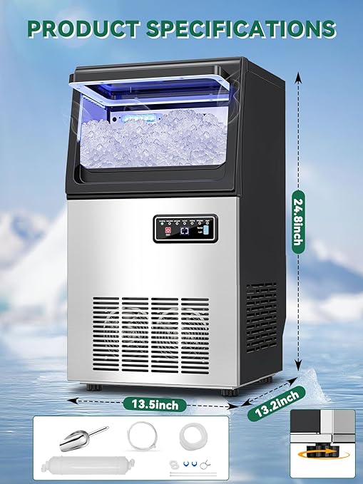 Commercial Nugget Ice Maker Machine with 12Lbs Storage Bin, 70Lbs/24H Stainless Steel Undercounter/Freestanding Pellet Crushed Chewable Ice Maker with Self-Cleaning for Home, Party, Office