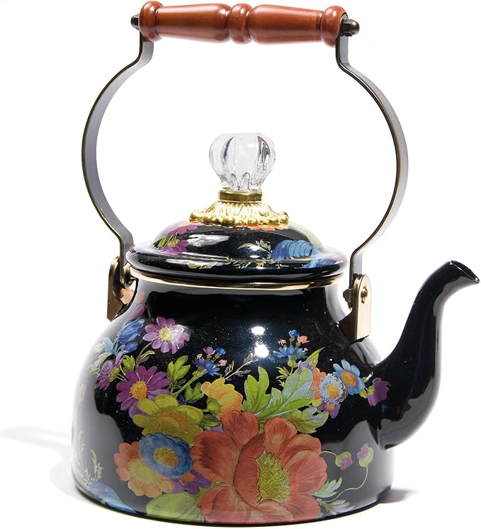 MACKENZIE-CHILDS Enamel Tea Kettle, Cute Kitchen Kettle for Stovetop, 2-Quart Capacity, Black Flower Market