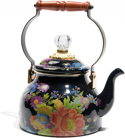 MACKENZIE-CHILDS Enamel Tea Kettle, Cute Kitchen Kettle for Stovetop, 2-Quart Capacity, Black Flower Market