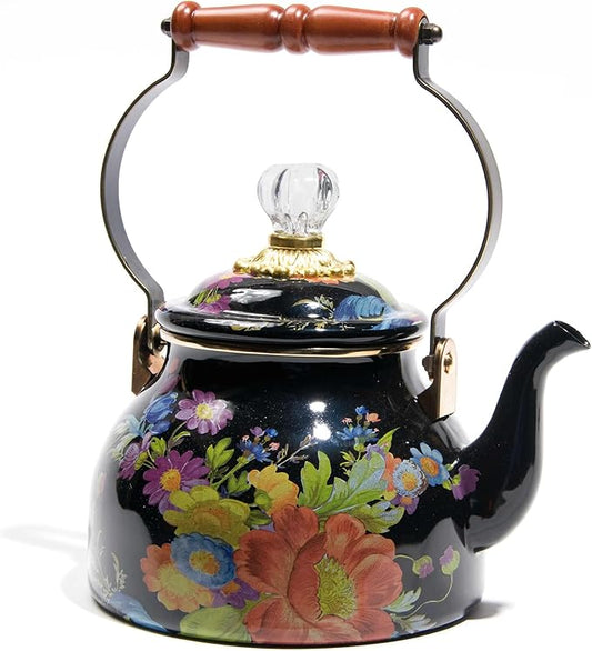 MACKENZIE-CHILDS Enamel Tea Kettle, Cute Kitchen Kettle for Stovetop, 2-Quart Capacity, Black Flower Market