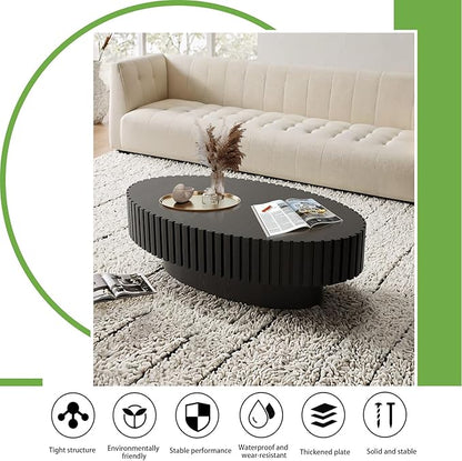 Handmade Oval Grooved Drum-Shaped Coffee Table、Rustic Modern Circular Centerpiece for Living Room & Farmhouse Decor、Easy to Clean (C Black 43in)