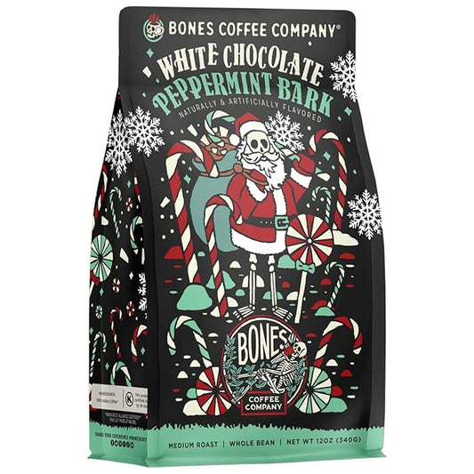 Bones Coffee Company White Chocolate Peppermint Bark Flavored Coffee, Medium Roast Low Acid Arabica Beans Compatible with Auto drip and French Press Coffee Maker, 12 Oz Whole Bean