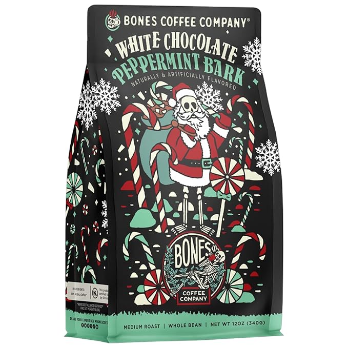 Bones Coffee Company White Chocolate Peppermint Bark Flavored Coffee, Medium Roast Low Acid Arabica Beans Compatible with Auto drip and French Press Coffee Maker, 12 Oz Whole Bean